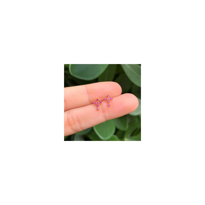 Aretes Cruz Magenta Chapa de Oro AZ318