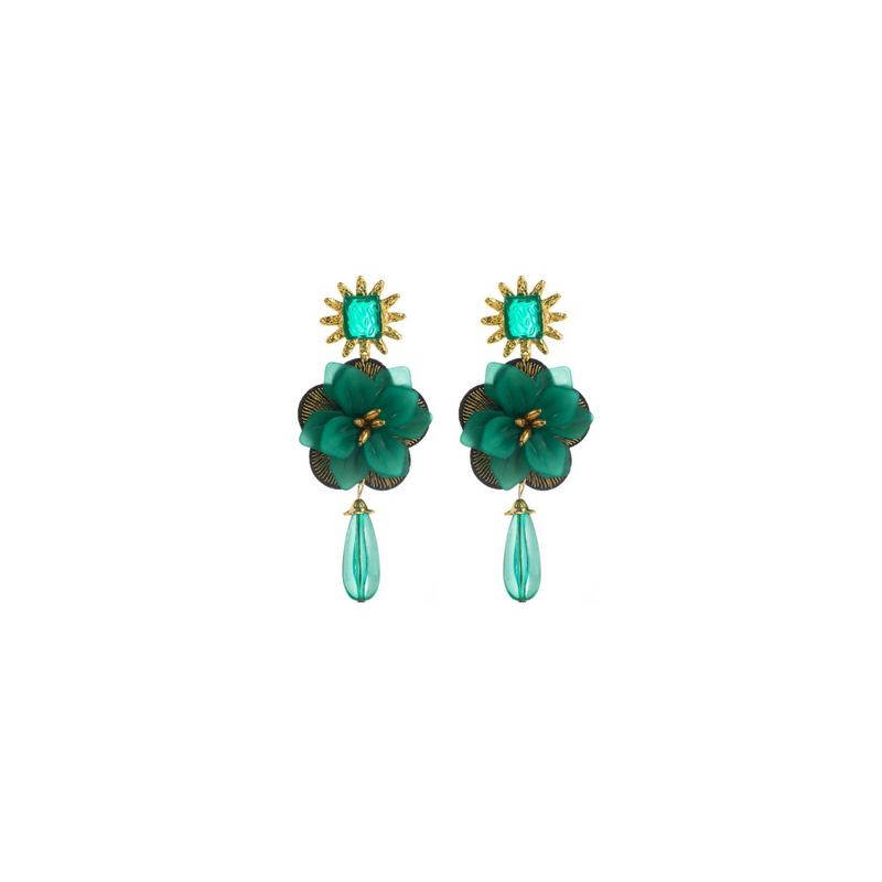 Aretes Gran Flor Verde Acrilico  2W3