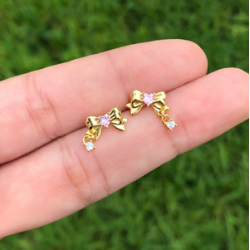 Aretes Lazo Corazon Rosa Chapa de Oro Az201