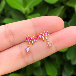 Aretes Lazo Rosa Piedra Colgante Chapa de Oro Az233