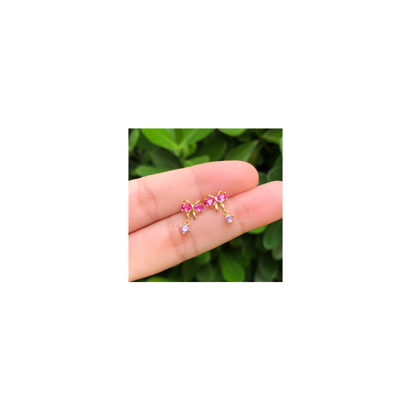 Aretes Lazo Rosa Piedra Colgante Chapa de Oro Az233