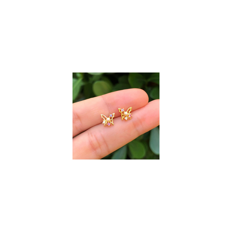 Aretes Mariposa Zirconias y Perla Chapa de Oro Az200