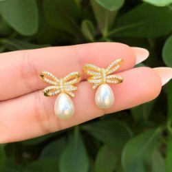 Aretes Perla Moño Chapa de Oro C629