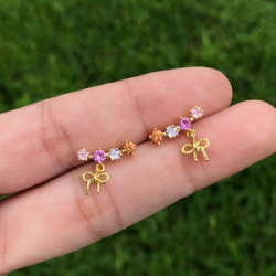 Aretes Piedritas Y Lazo Chapa de Oro Az185