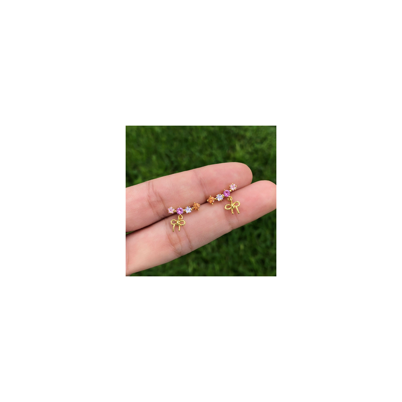 Aretes Piedritas Y Lazo Chapa de Oro Az185