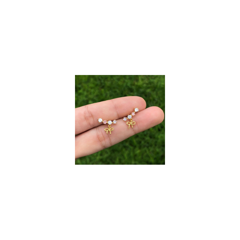 Aretes Piedritas Y Lazo Chapa de Oro Az74