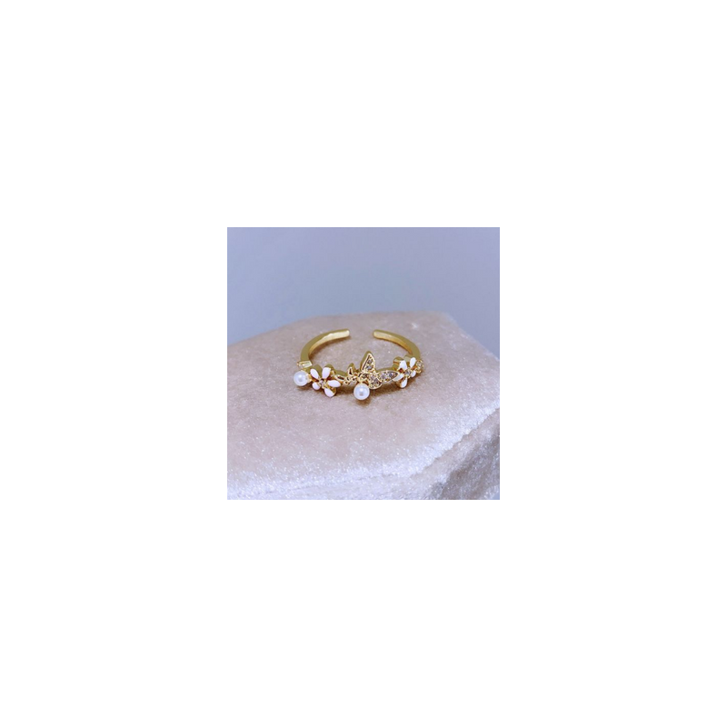 Anillo Ajustable Mariposa Perlitas Chapa de Oro  R25