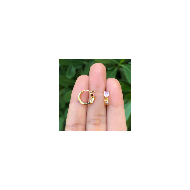 Aretes Arracada Corazon Zirconia Rosa Chapa de Oro Az171