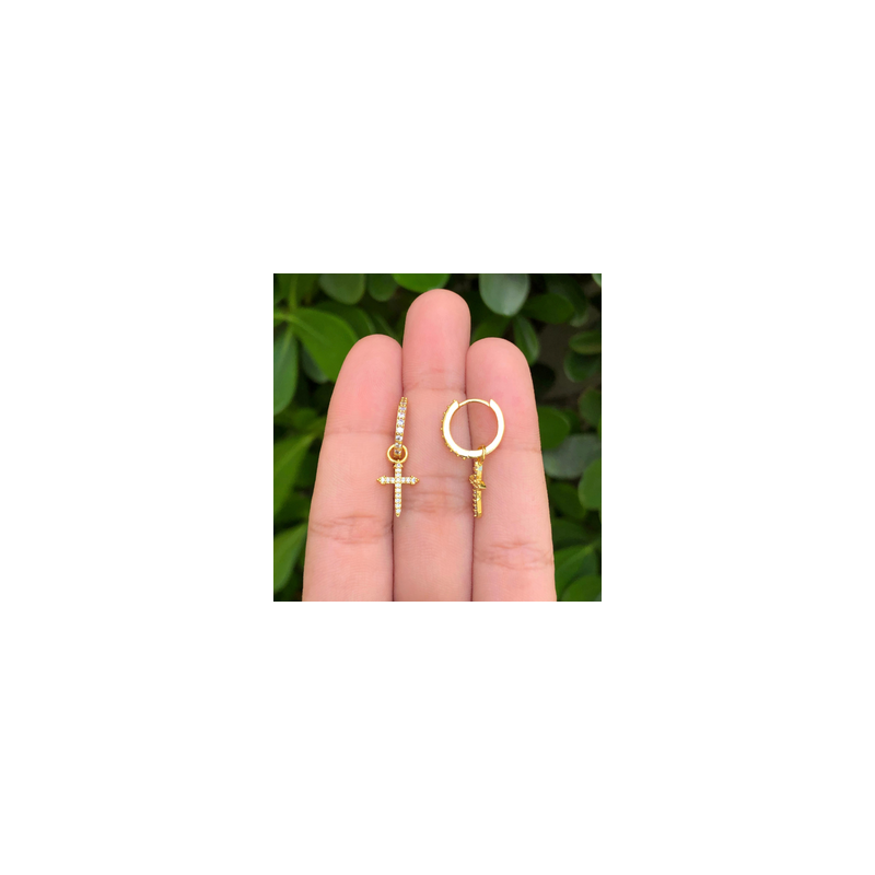 Aretes Arracada Cruz Zirconias Chapa de Oro Az198