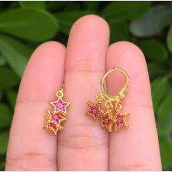 Aretes Arracada Tres Estrellas Rosa Chapa de Oro Az393